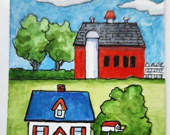 ACEO Print of Original WC "Farm View"