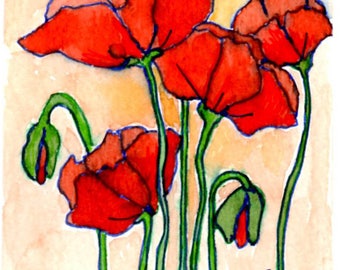 ACEO "Red Poppies II" Print of Original Watercolor