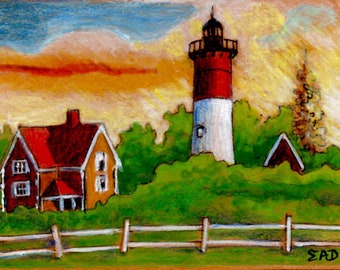ACEO Print of Original colored pencil and acrylic Sunrise at Nauset Lighthouse Cape Cod