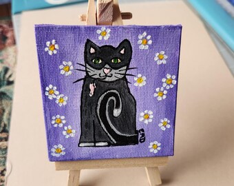 3x3" original acrylic painting of "Mouser" cat with easel