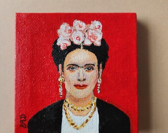 3x3 mini acrylic painting of Frida Kahlo with easel