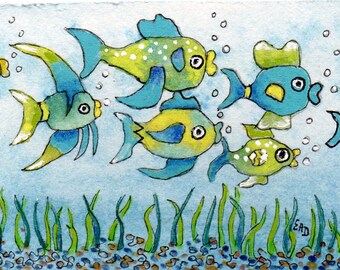 Aceo Stampa dell'acquerello originale "Tutti i pesci"