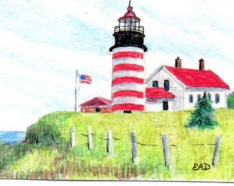 ACEO West Quoddy Lubec Maine Lighthouse Print of Original Watercolor