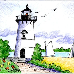 ACEO Edgartown Light, Martha's Vineyard, Cape Cod MA Impression d'aquarelle et d'encre originales