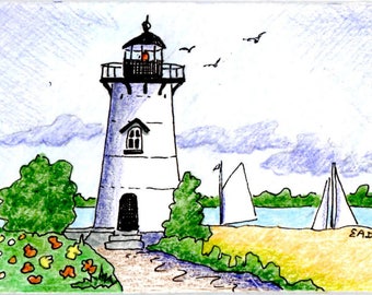ACEO Edgartown Light, Martha's Vineyard, Cape Cod MA Print of Original Watercolor and Ink
