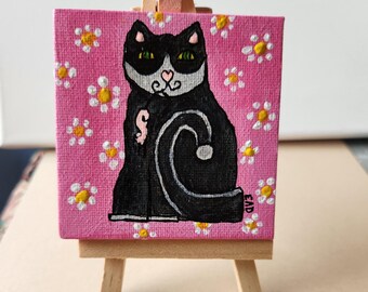 Original 3x3" acrylic painting of "Mouser" on stretched canvas with easel
