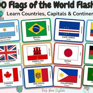 May include: A set of flashcards displaying 200 flags of the world, with country names, capitals, and continents. Flags include Argentina, Brazil, United Kingdom, Japan, and Portugal. The image includes the text "Printable PDF".