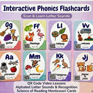 Schede interattive di fonetica con videolezione tramite codice QR, suoni e riconoscimento delle lettere dell'alfabeto, scienza della lettura, schede Montessori in PDF