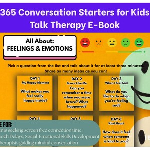 Pode incluir: Um e-book intitulado "365 Conversation Starters for Kids" com o subtítulo "Talk Therapy E-Book". A capa apresenta um fundo amarelo com texto sobre sentimentos e emoções e perguntas de conversação. Adequado para pais, terapeutas e crianças.