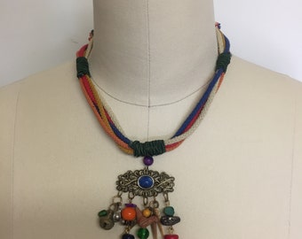 Vintage Multi Cololed Rope Necklace with Pendant.