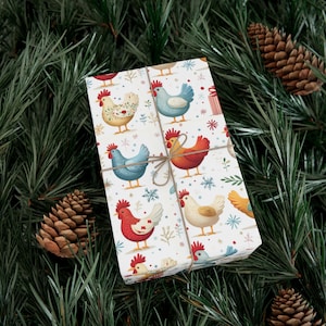 Rotolo di carta da regalo con polli vintage, carta da regalo natalizia con pollo, carta da regalo natalizia con pollo, carta da regalo classica per le feste