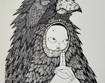 Bird Boy Print - High quality giclee print, wall art, ink drawing, childrens, poster, feathers, bird, child, painting