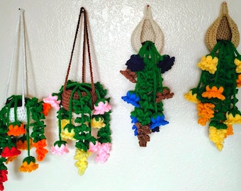 Crochet Hanging Plant with Flowers, Home Decor