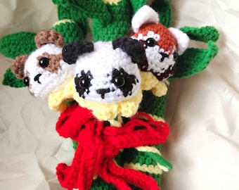 Ramo de flores de panda de ganchillo, peluche amigurumi hecho a mano