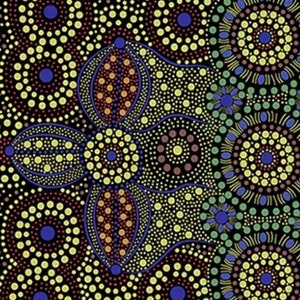 May include: A fabric with a repeating pattern of colorful, circular designs. The pattern features yellow, blue, brown, and green dots on a black background. The design includes floral-like shapes and concentric circles, with a ruler at the bottom showing inches.