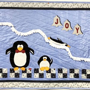 Penguin Joy Quilt Pattern 39x47, Christmas Holiday Winter Penguin Pattern, penguin raw edge applique wall hanging lap quilt digital download