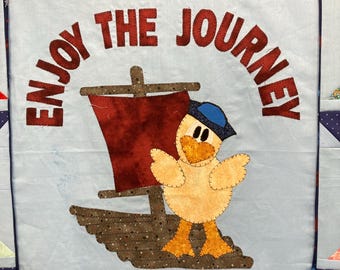 Sailboat Sun Enjoy the Journey 39x47, cute sailor duck on raft sailboat digital download pattern raw edge applique wall hanging lap quilt