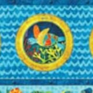 3D Undersea Adventures Stonehenge stripe for Northcott fabrics, 1-1/2 yards left, item 39407-44, grunge cartoon sea life strip portholes