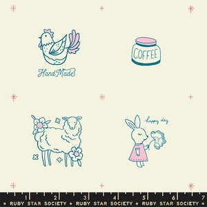 May include: A cream-coloured fabric with a repeating pattern of hand-drawn illustrations. The illustrations include a chicken, a jar of coffee, a sheep, and a bunny holding a flower. The text "Hand Made" and "happy day" are also included in the pattern.