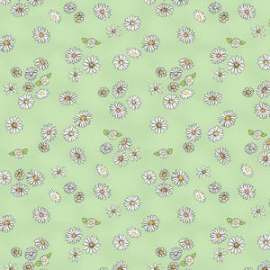 Daisy Daisy by Clothworks fabric, item CLTY2655-23, light green background with clusters of daisies, 100% cotton quilting fabric by the yard