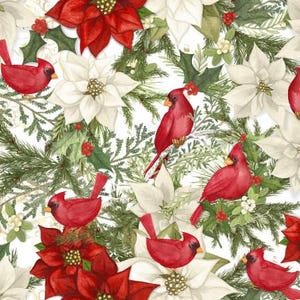 Christmas Cardinals Birds von Springs Creative fabrics, Artikel 74950A620715, große Kardinäle in rot & weiße Weihnachtssternblüten, 100% Baumwolle