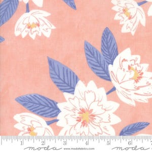 Twilight Floral Coral by Moda fabrics, 1 7/8 yards left, item 36030 14, white & blue large flowers on light coral background. 100% cotton