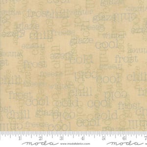 Moda Fabrics の Chill Cool Birch、商品番号 1713 28 M、茶色の背景にトープとアクアの冷たい文字のテキスト、1 ヤードあたり 100% コットンのキルティング生地