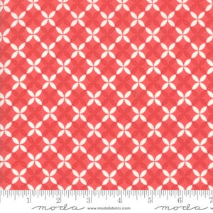 Moda Fabrics のクリスマス フィグ II ザクロ、アイテム 20356 31、オレンジピールの幾何学模様の赤と白のトーン、綿 100% 生地