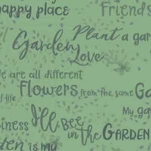Garden Notes Dark Mint Sayings di Clothworks tessuti, articolo Y2828-111, sfondo verde menta con detti da giardino più scuri, tessuto 100% cotone