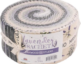 Lavender Sachet 2-1/2-inch jelly roll with 40 pieces by Maywood Studio Fabrics, item: ST-MASLAVS lavender flower in cream green purple black