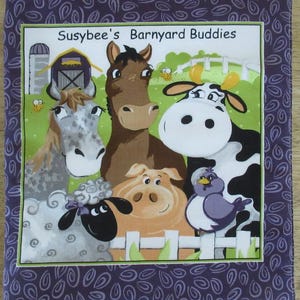Barnyard Buddies Book Panel by Susybee fabrics, 8 panels left, item SB20321, baby soft cloth book with farm animals horse sheep pig cow goat