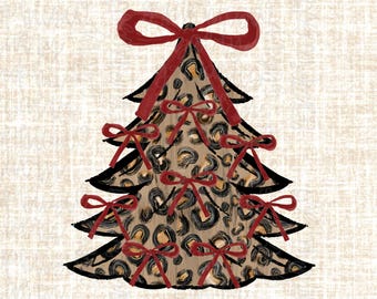 Hand Drawn Preppy Christmas Tree PNG, Red Bows, Holiday Shirt Png, Coquette Glitter Christmas Tree, Leopard Christmas Sublimation Design