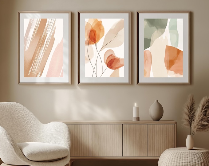 Featured listing image: Set of 3 Boho Abstract Artwork, Digital Poster Print, Printable Art, Boho Poster Set, Boho Art Bundle, Neutral Decor Art, Boho Home Decor