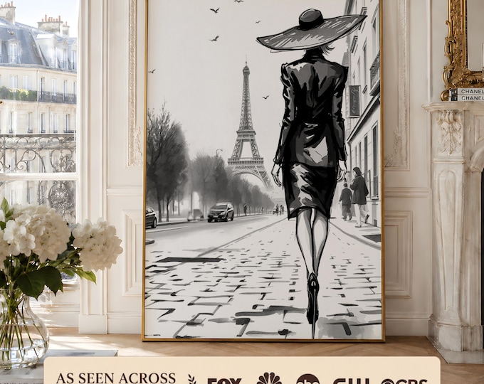 Featured listing image: Stylish Woman Walking in Paris Art Print | Digital Download | Chic Apartment Decor | Eiffel Tower Print | Fashion Illustration | Modern
