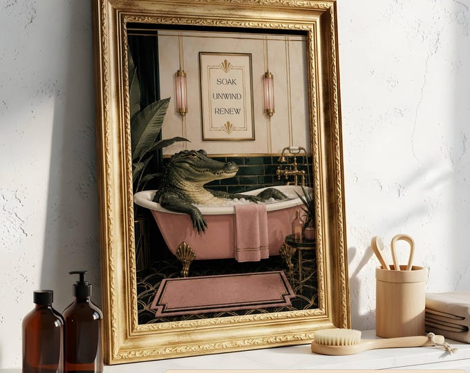 Featured listing image: Vintage Pink Bathroom Alligator | Digital Download | Multiple Sizes | Art Nouveau Wall Art | Crocodile Bathroom Art | Gator Art | Art Deco