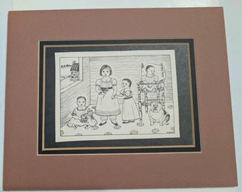 Vintage Matted Folk Art Greeting Card Artwork 8x10 Double Matted Children Dog