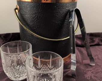 Vintage Ice Bucket Set Copper Lid Black Faux Leather Mid Century Barware Glasses