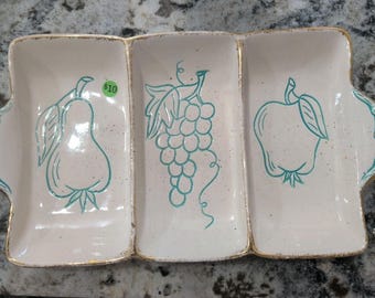 Vintage Metlox California Divided Relish Tray Turquoise Fruit Pear Grape Design