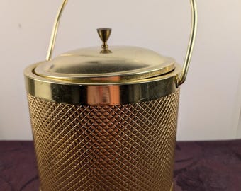 Vintage Italian Gold Ice Bucket Mid Century Barware Textured Metal w Lid Handle