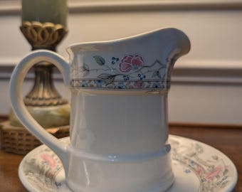 Vintage Steelite England Creamer and Underplate Pink Floral Ceramic Pitcher