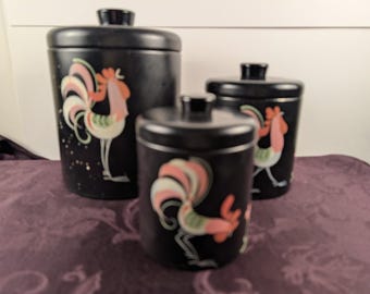 Vintage Rooster Canister Set Black Mid Century Kitchen Decor Retro Farmhouse