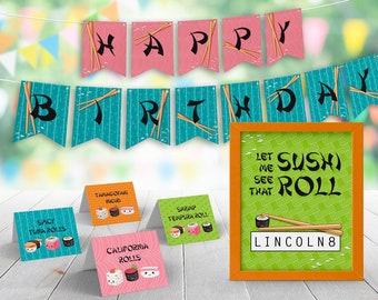 Sushi PRINTABLE Party Decorations, Cute Kawaii I Love Sushi Birthday Party - TEXTE MODIFIABLE >> Téléchargement instantané | Papier et gâteau