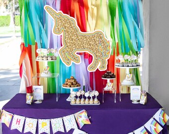 Unicorn and Rainbow PRINTABLE Party Decorations | Gold Sparkle Unicorn Birthday  - EDITABLE TEXT >> Instant Download |Paper and Cake