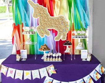 Unicorn and Rainbow PRINTABLE Party Decorations | Gold Sparkle Unicorn Birthday  - EDITABLE TEXT >> Instant Download |Paper and Cake