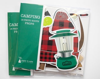 Camping Photo Booth Props | Package of 18 Photo Props Pre-Cut Ready to Use | Shipped to You | Paper and Cake