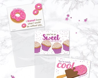 Sweets Valentines Favor toppers for Kids Class PRINTABLE Valentine gift bag | Donut, Ice Cream, Cupcake >> Instant Download | Paper and Cake