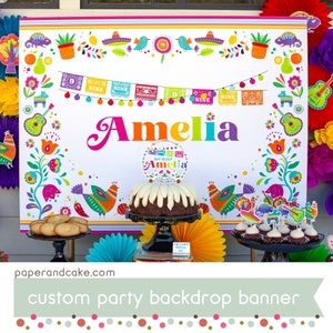 Cartel de fondo de Rainbow Fiesta, pancarta de fiesta de mesa de postres, letrero personalizado / papel y pastel