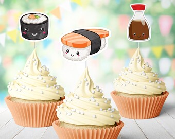 12 Sushi Cupcake Toppers, Cute Kawaii I Love Sushi Birthday Treat Picks >> shipped to you | Paper and Cake