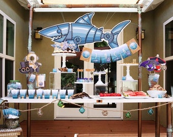 Steampunk Shark PRINTABLE Party Decorations, Victorian Under the Sea Birthday - EDITABLE TEXT >> Digital Download | Paper and Cake