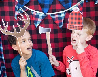 Camping Printable PHOTO BOOTH PROPS beards, antlers, fishing pole - Editable Text >> Digital Download | Paper and Cake